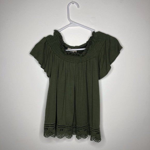Altar'd State Tops - Altar’d State Womens Green Short Sleeve Crochet Trim Stretchy Peasant Top Size S